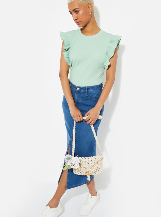 URB_N Women Knit Ruffled Sleeve Top