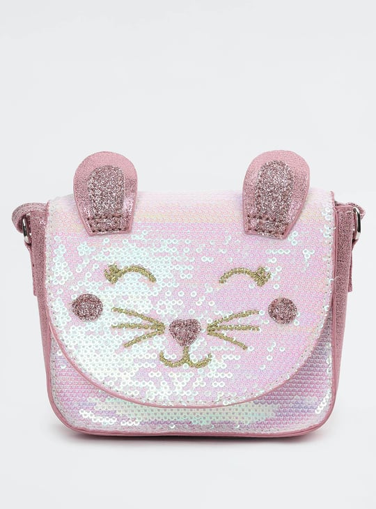 Girls Sequinned Cat Sling Bag Pink Polyester - Main Image