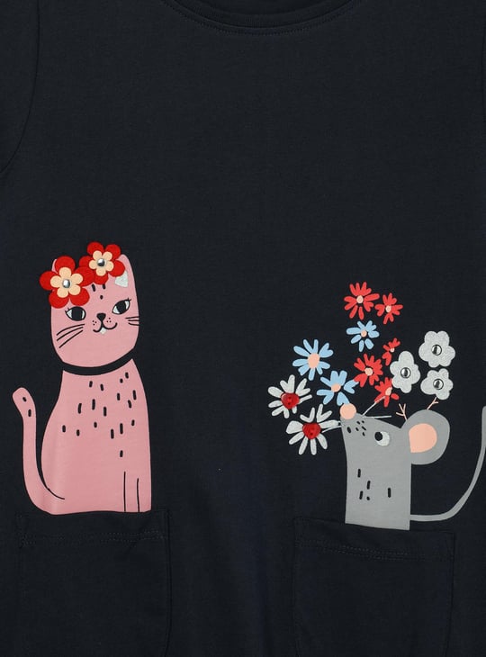 Girls Graphic Printed Longline T-shirt with Pockets