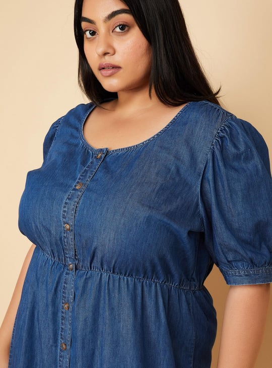 Women Solid Denim Midi Dress