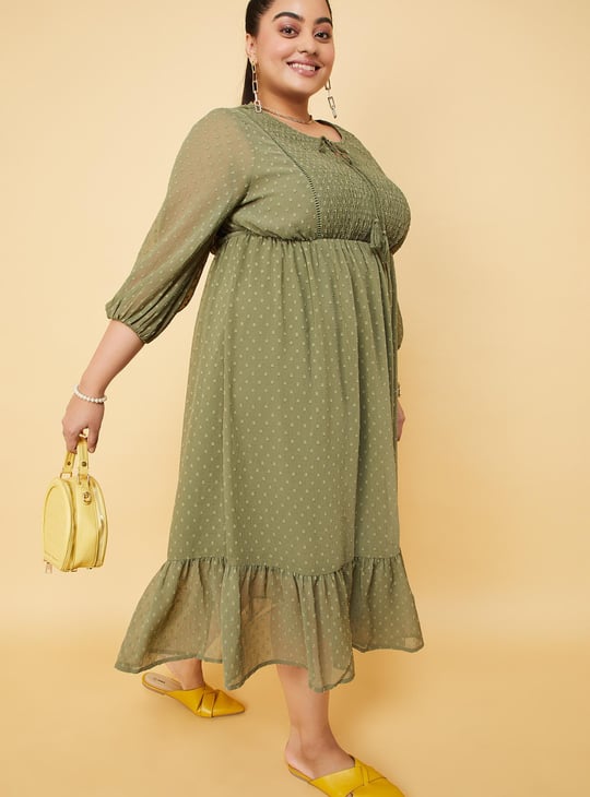 strapless open back dress Plus Size Sage Green Polka Print A Line Dress For Women | With Sleeves main image 0