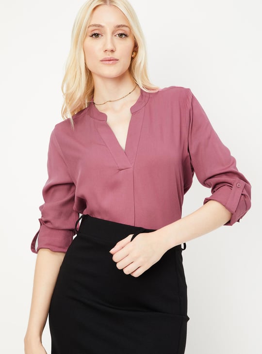 Women Solid Band Collar Top