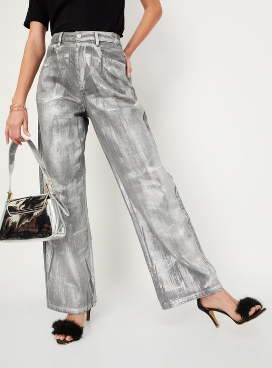 Women Metallic Print Skater Fit Jeans Silver