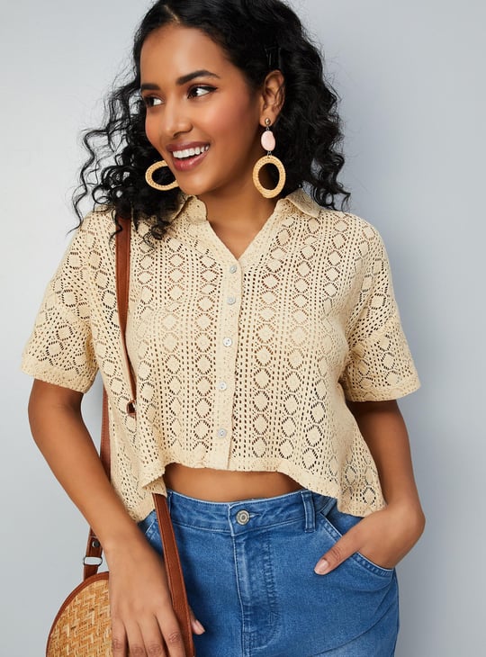 Women Crochet Crop Shirt-style Top