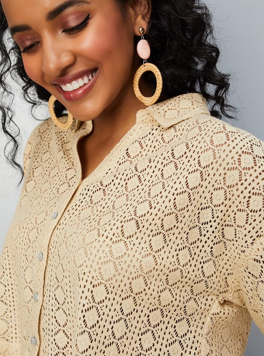 Women Crochet Crop Shirt-style Top