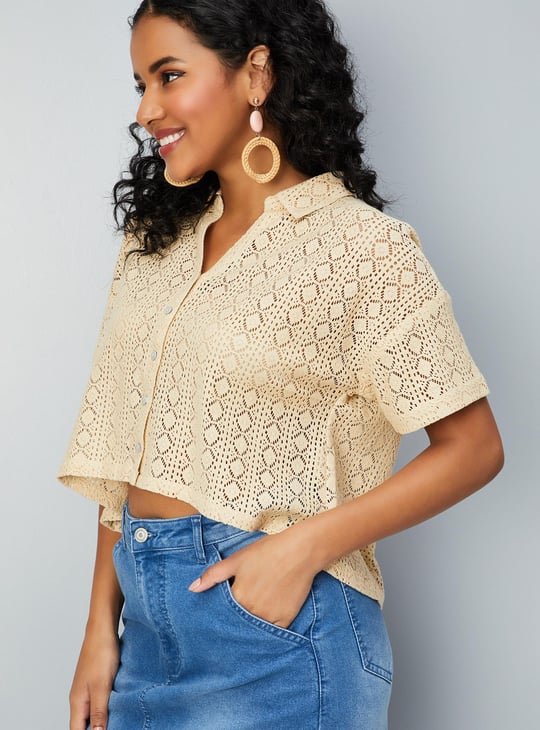 Women Crochet Crop Shirt-style Top