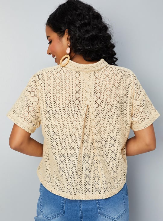 Women Crochet Crop Shirt-style Top