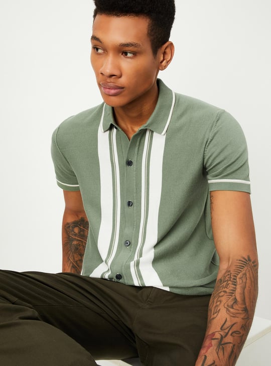Men Striped Flat Knit Polo T-shirt | Green | Striped