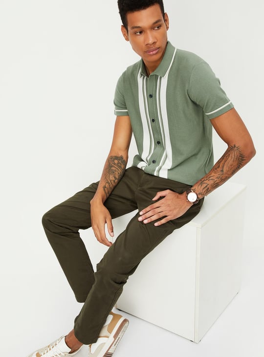 Men Striped Flat Knit Polo T-shirt | Green | Striped