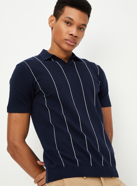 Men Striped Flat Knit Polo T-shirt