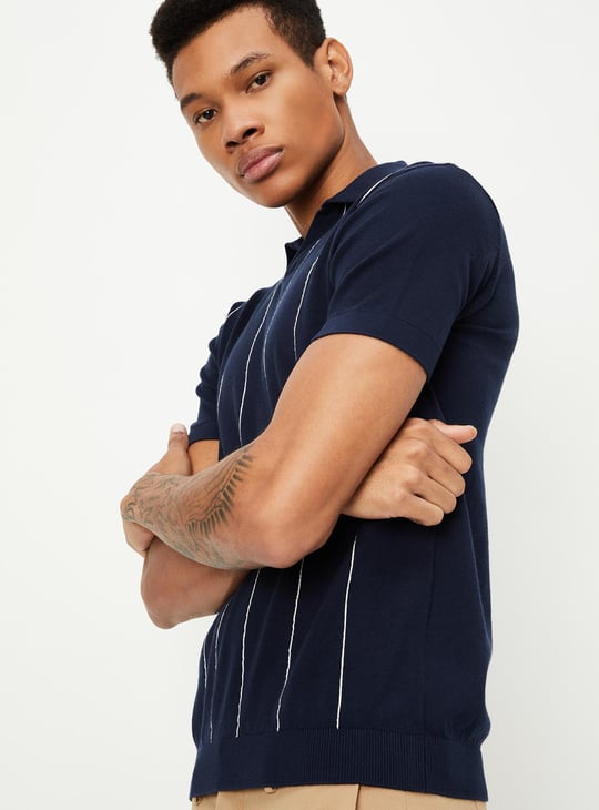 Men Striped Flat Knit Polo T-shirt