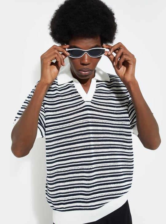 URB_N Men Oversized Striped Knit Polo T-shirt