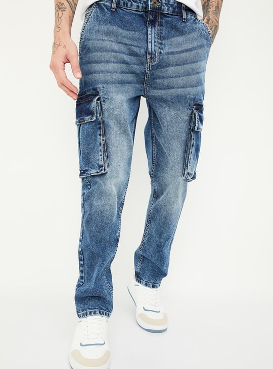 URB_N Men Carrot Fit Washed Cargo Jeans