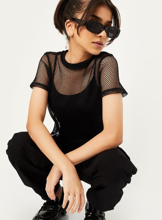 メゾンドドルチェ　cheri tops/black Ruched mesh top - Black - Ladies | H&M IN