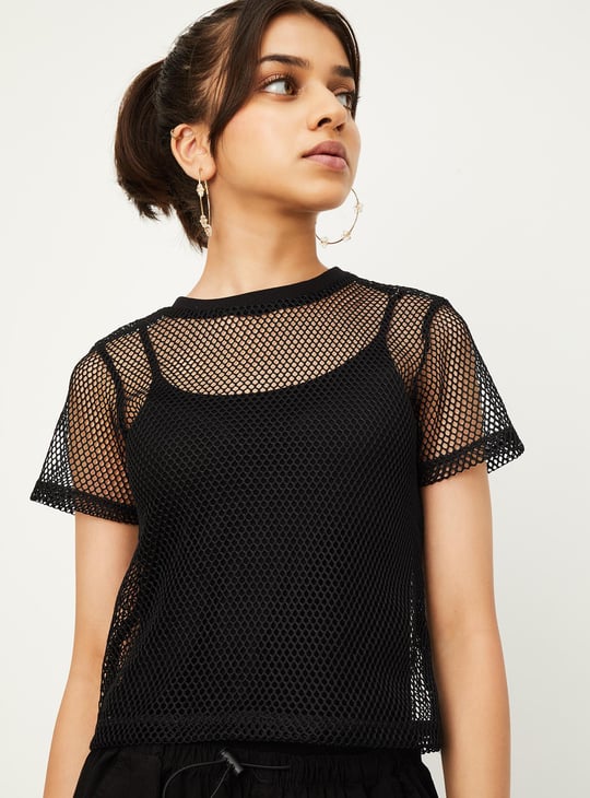 メゾンドドルチェ　cheri tops/black Ruched mesh top - Black - Ladies | H&M IN