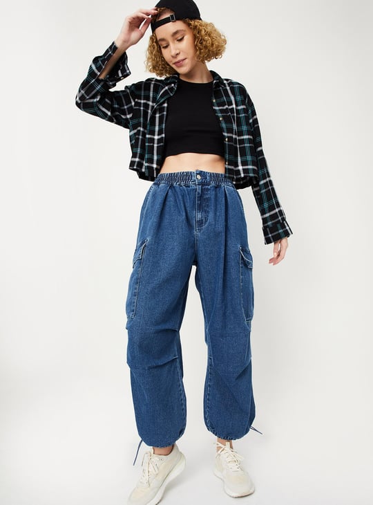 Women Parachute Fit Washed Cargo Jeans