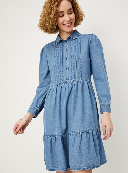 Women Solid Denim Shirt Dress
