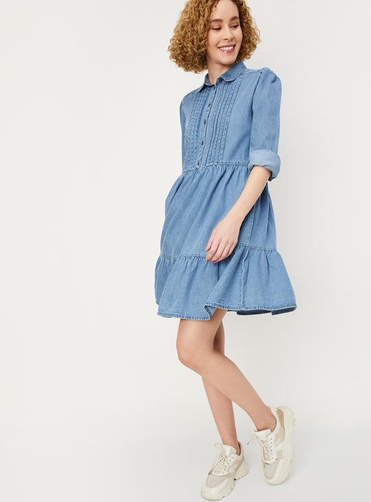 Women Solid Denim Shirt Dress