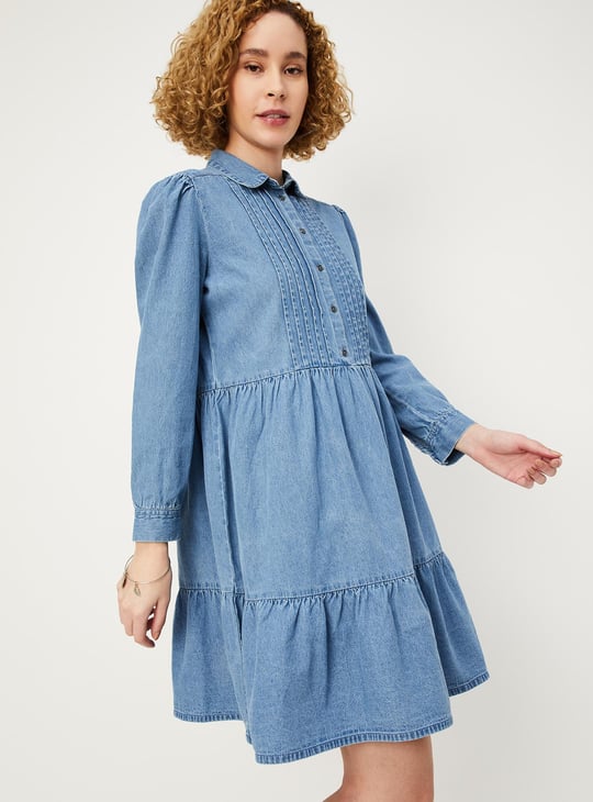 Women Solid Denim Shirt Dress