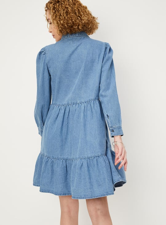Women Solid Denim Shirt Dress