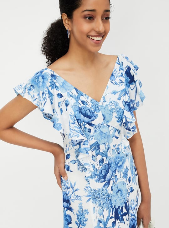 Women Printed Flutter Sleeve A-line Dress