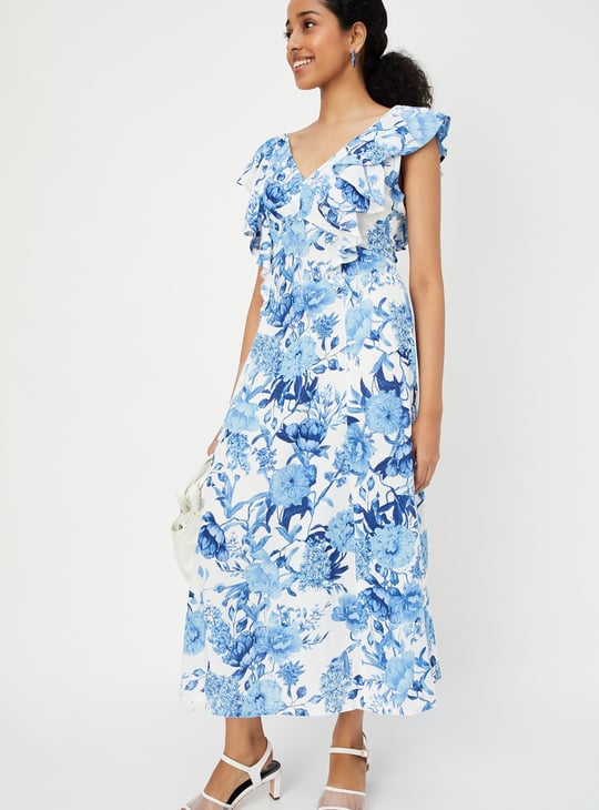Women Printed Flutter Sleeve A-line Dress