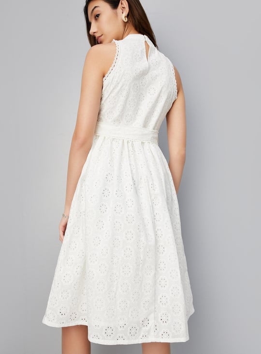 Women Schiffli Belted A-line Dress White Embellished