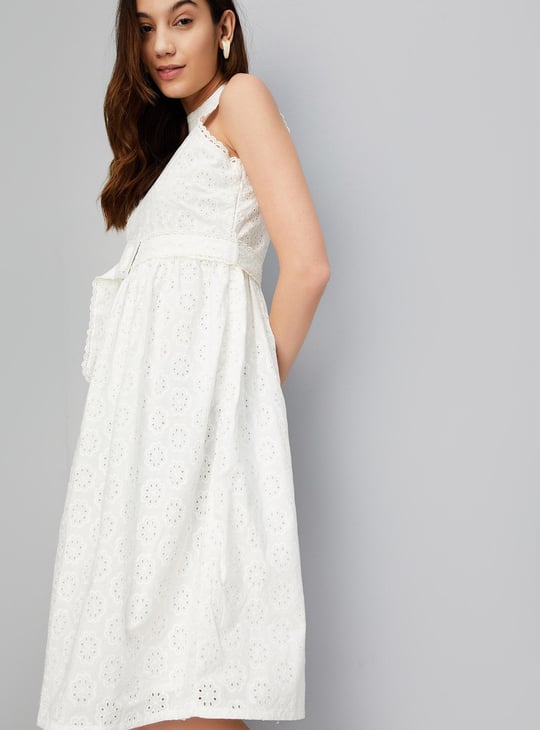 Women Schiffli Belted A-line Dress