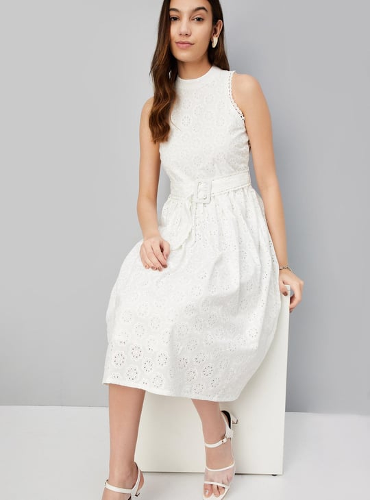 Women Schiffli Belted A-line Dress