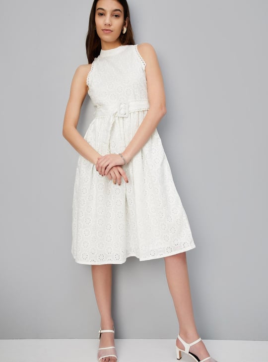 Women Schiffli Belted A-line Dress