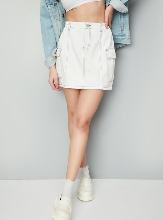 Women Denim Utility Mini Skirt Beige Solid