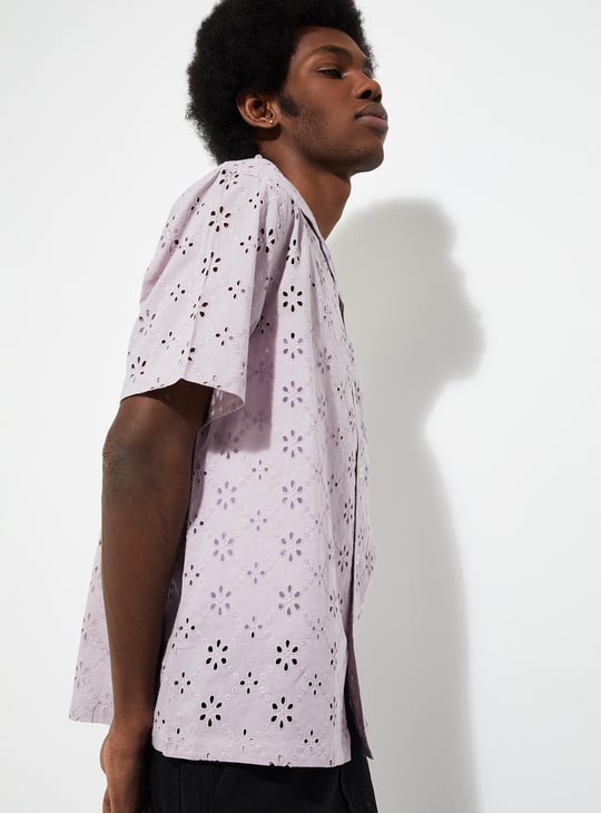 URB_N Men Relaxed Fit Schiffli Resort Shirt | Purple | Embroidered