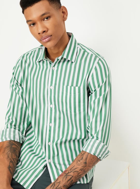 Men Regular Fit Striped Casual Shirt Green Striped