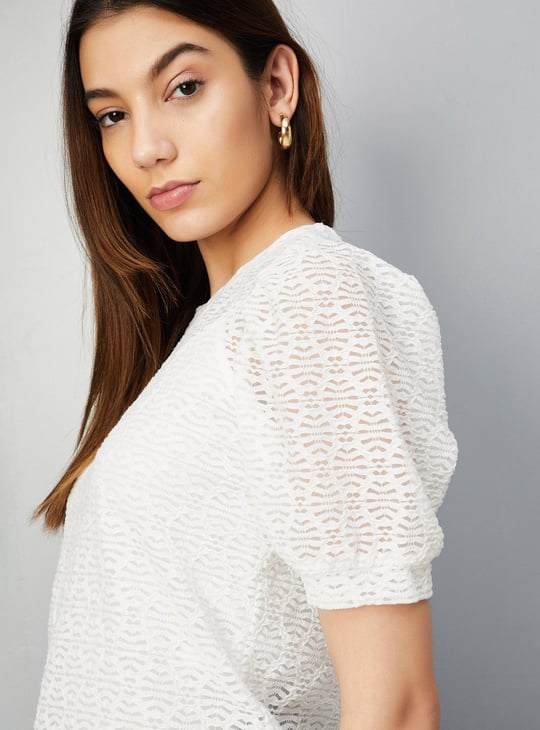 Women Lace Puffed Sleeves Knit Top
