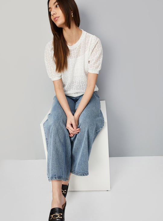 Women Lace Puffed Sleeves Knit Top