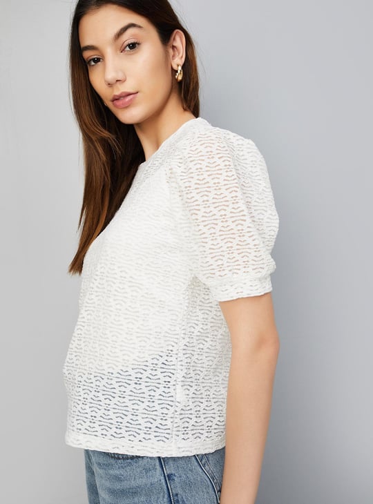 Women Lace Puffed Sleeves Knit Top
