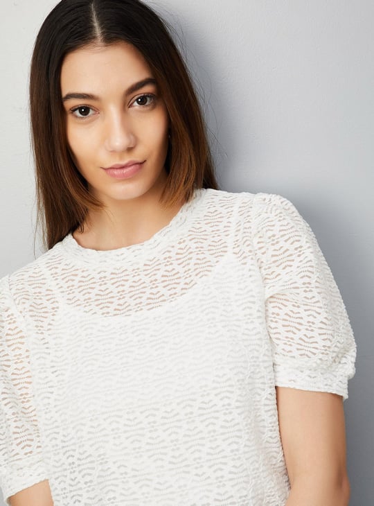 Women Lace Puffed Sleeves Knit Top