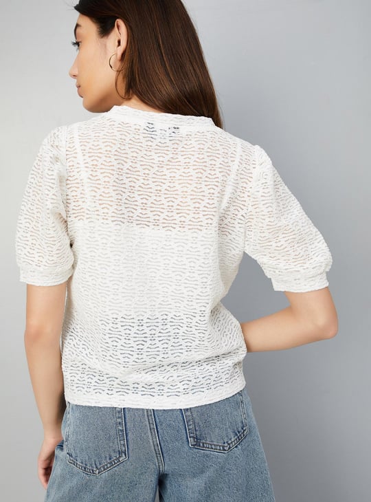Women Lace Puffed Sleeves Knit Top