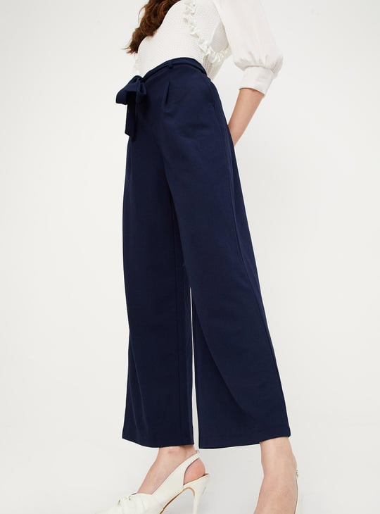 Women Solid Belted Wide Leg Trousers