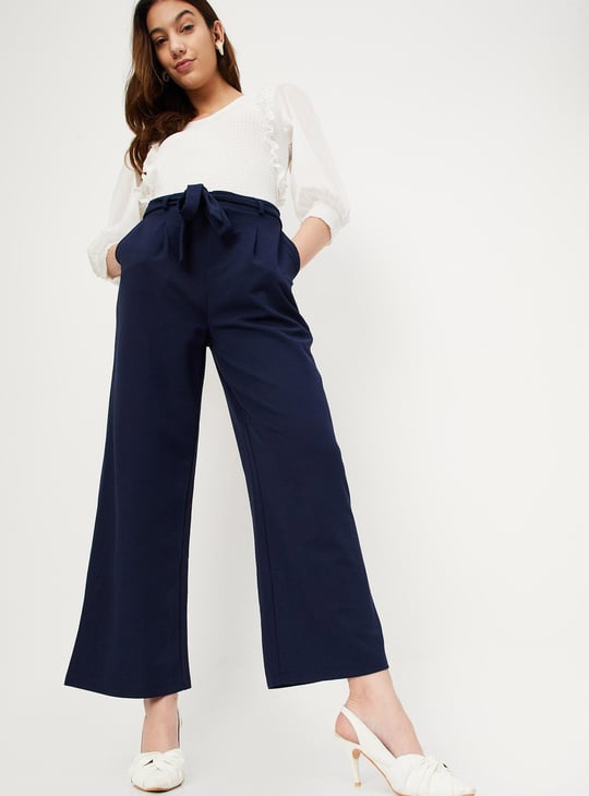 Women Solid Belted Wide Leg Trousers