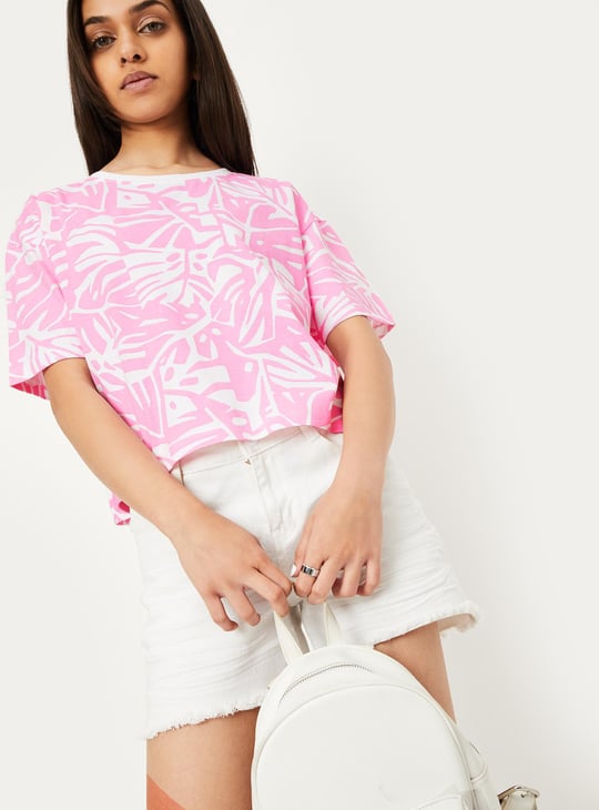 Girls Printed Knitted Cropped T-shirt