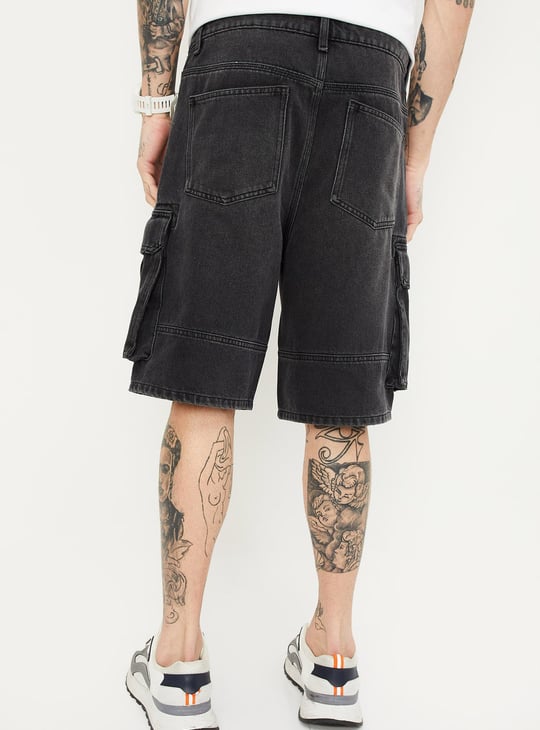 Men Washed Denim Shorts with Cargo Pockets
