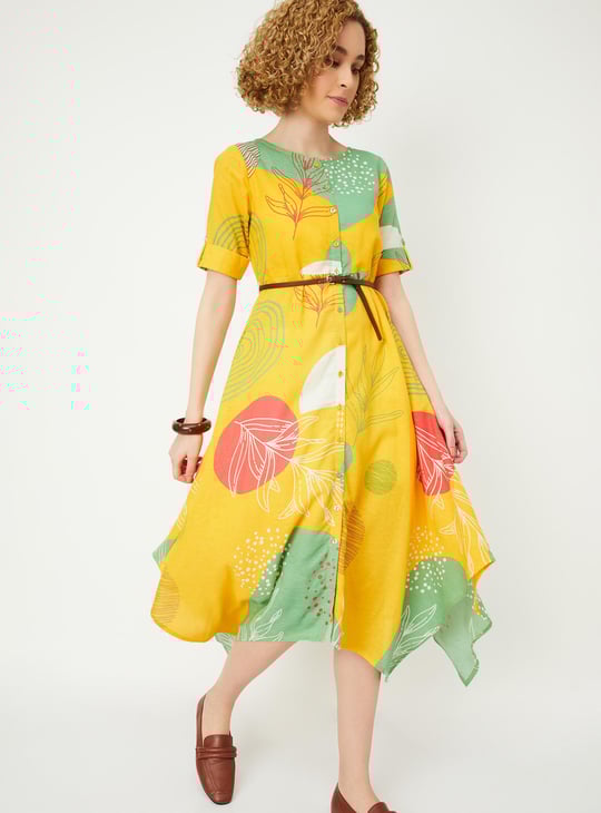 Women Printed Belted Asymmetrical Hem Dress