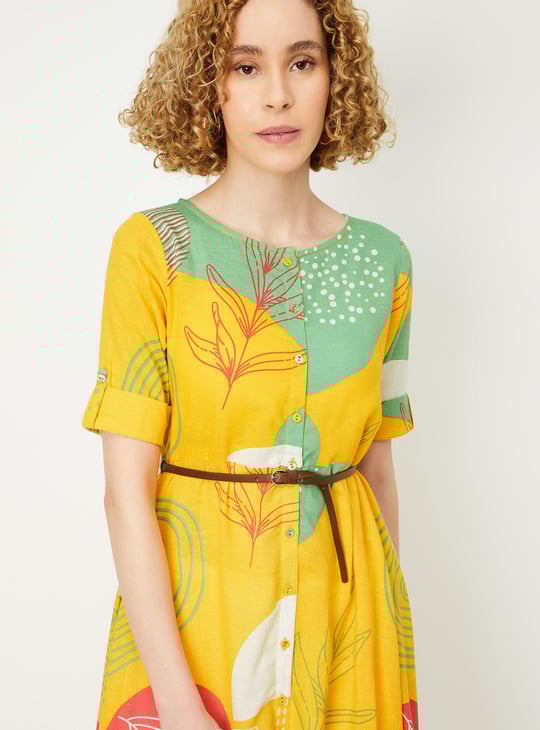 Women Printed Belted Asymmetrical Hem Dress