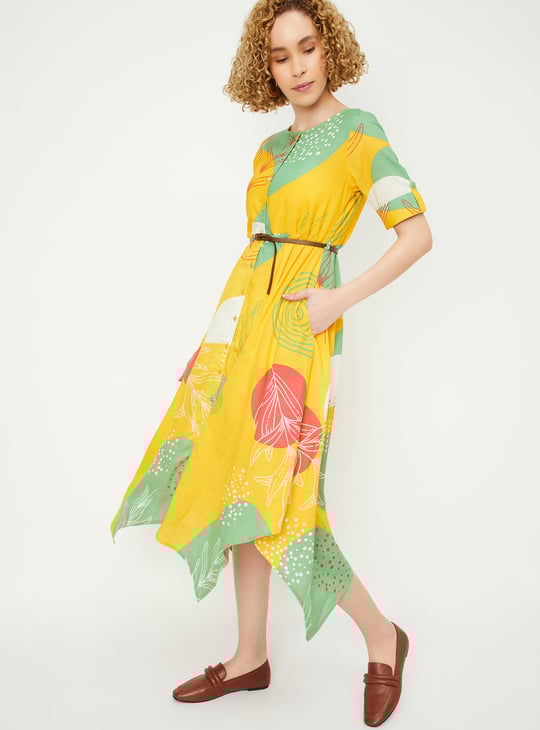 Women Printed Belted Asymmetrical Hem Dress