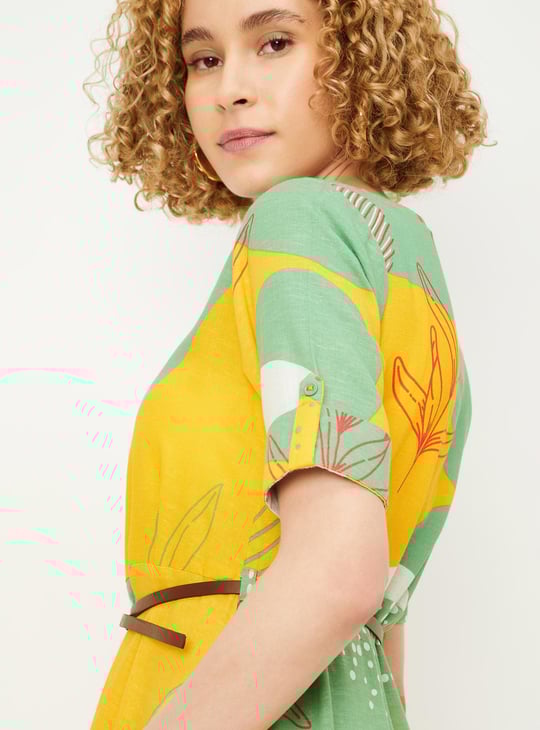 Women Printed Belted Asymmetrical Hem Dress