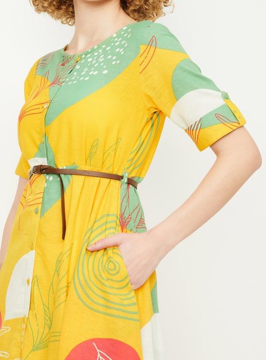 Women Printed Belted Asymmetrical Hem Dress