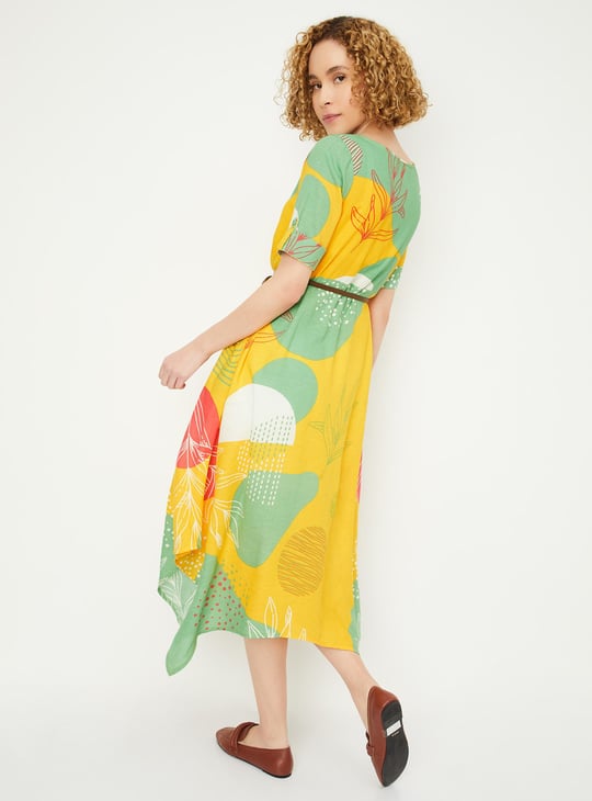 Women Printed Belted Asymmetrical Hem Dress