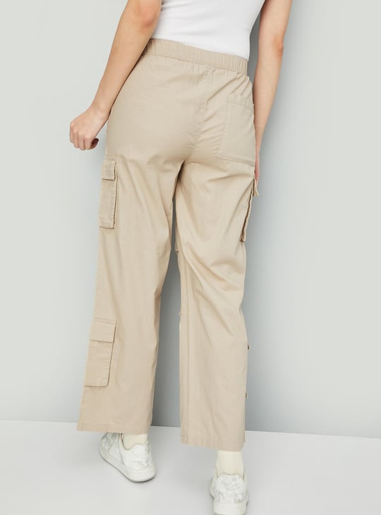 Women Solid Cargo Trousers Beige Solid