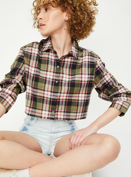 Women Checked Yarn Dyed Crop Shirt